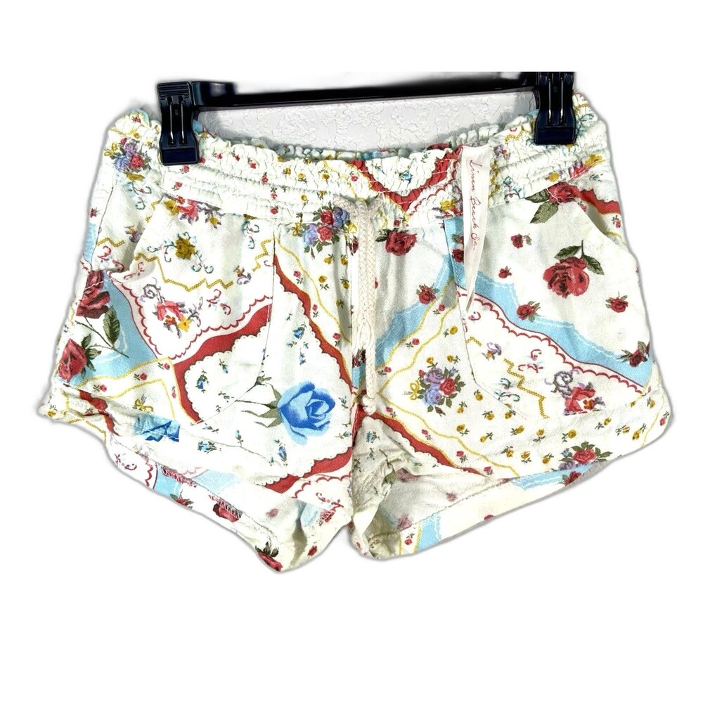 April Kiss Floral Linen Blend Shorts Small Women Ivory Drawstring Beach Coastal
